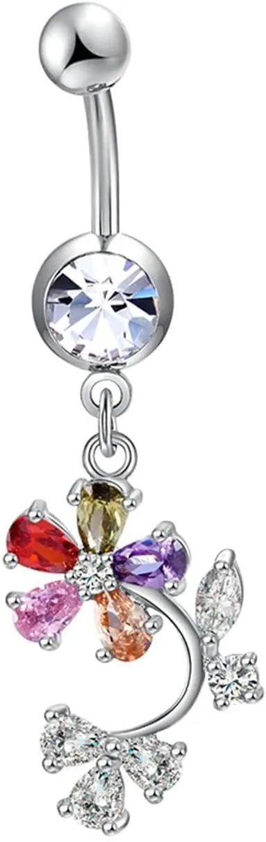Bar Belly Ring Women, Belly Rings Dangle Navel Rings Surgical Steel Colorful Cubic Zirconia Flower Belly Ring Silver