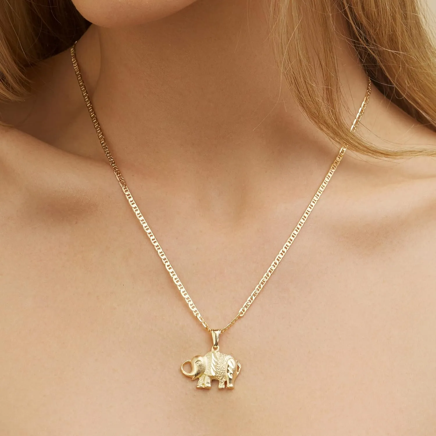 Barzel 18K Gold Plated Elephant Necklace with Flat Marina Chain  Made in Brazil
