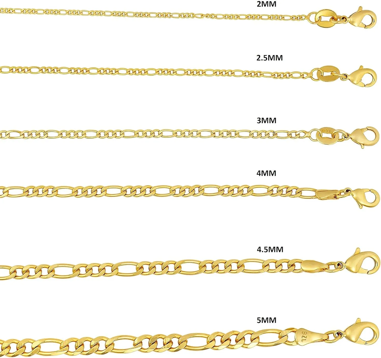 Barzel 18K Gold Plated Figaro Chain Necklace 2MM, 2.5MM, 3MM, 4MM, 4.5MM & 5MM for Women & Men
