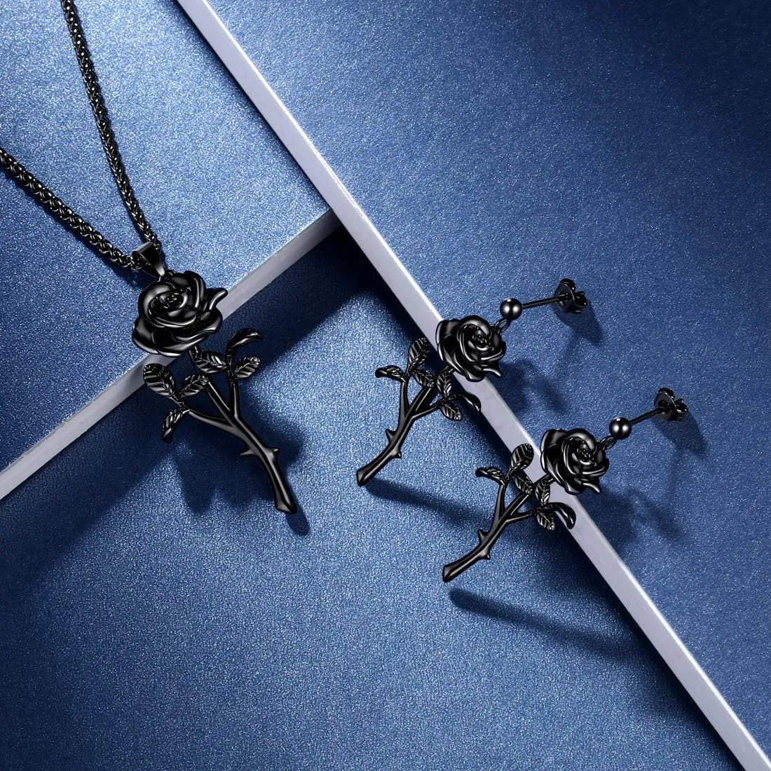 beautlace Rose Necklaces/Adjustable Rings Silver/18K Gold/Black Gun Plated Flower Pendant/Open Ring Elegant Jewelry Gifts for Women