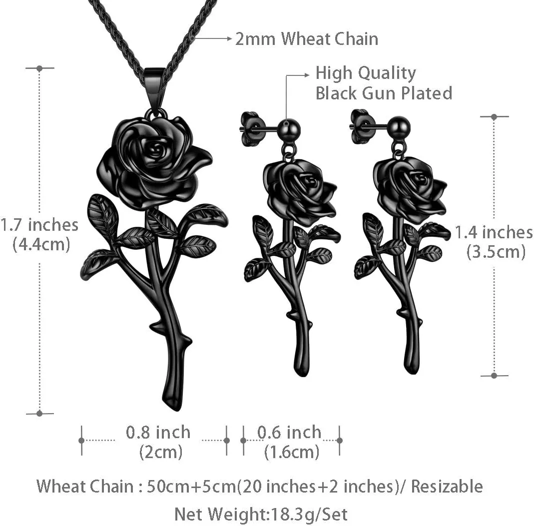 beautlace Rose Necklaces/Adjustable Rings Silver/18K Gold/Black Gun Plated Flower Pendant/Open Ring Elegant Jewelry Gifts for Women