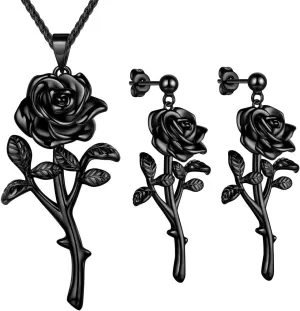 beautlace Rose Necklaces/Adjustable Rings Silver/18K Gold/Black Gun Plated Flower Pendant/Open Ring Elegant Jewelry Gifts for Women