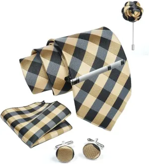 Beige Checkered Ties For Men  Tie Set With Pocket Square Cufflinks Tie Clip Bar & Flower Brooch Pin For Mens (Pack of 5) (AXTS52)