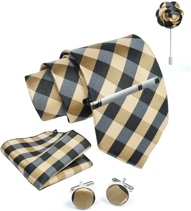 Beige Checkered Ties For Men  Tie Set With Pocket Square Cufflinks Tie Clip Bar & Flower Brooch Pin For Mens (Pack of 5) (AXTS52)