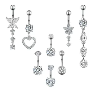 Belly Button Ring Navel Dangle Belly Piercing Jewelry Cute CZ Heart Butterfly Bow Flower Navel Belly Rings for Women 14G Silver Stainless Steel Dainty Dangling Belly Button Piercing (8pc-silver)