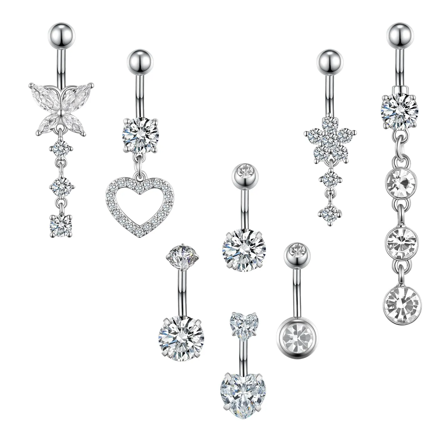 Belly Button Ring Navel Dangle Belly Piercing Jewelry Cute CZ Heart Butterfly Bow Flower Navel Belly Rings for Women 14G Silver Stainless Steel Dainty Dangling Belly Button Piercing (8pc-silver)