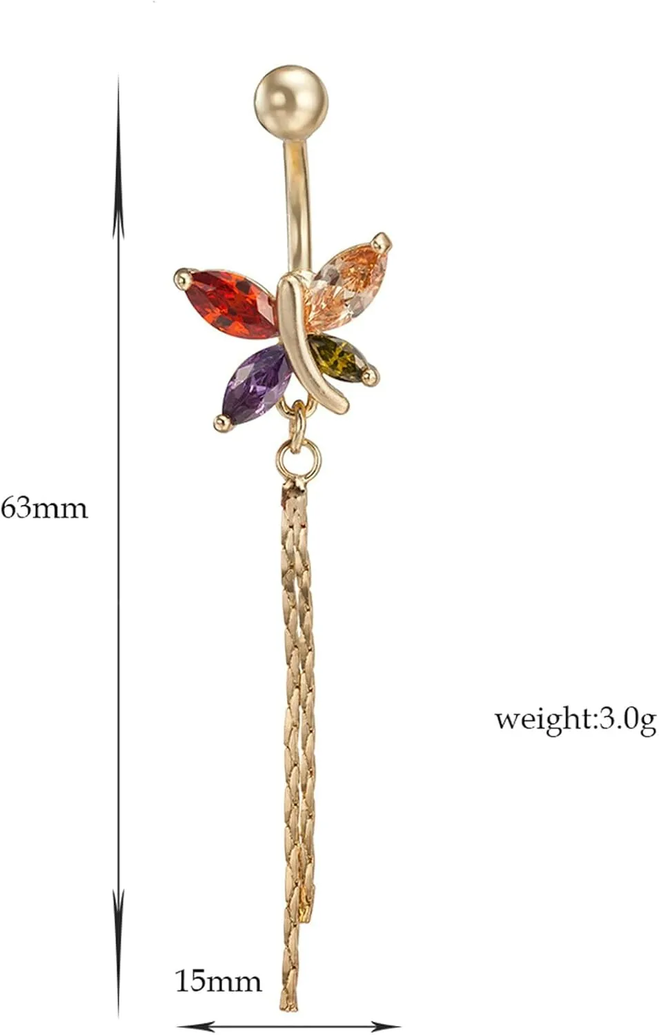Belly Button Rings Stainless Steel, Butterfly 14 Gauge Belly Button Rings Gold Cubic Zirconia Tassel Belly Ring Summer