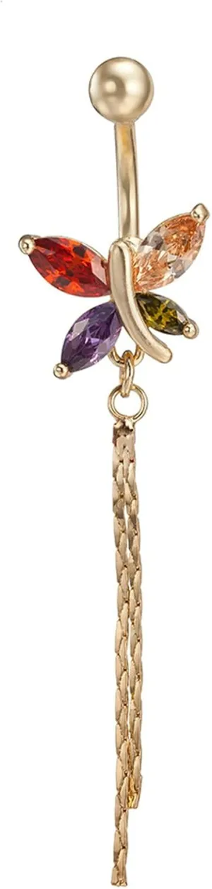 Belly Button Rings Stainless Steel, Butterfly 14 Gauge Belly Button Rings Gold Cubic Zirconia Tassel Belly Ring Summer