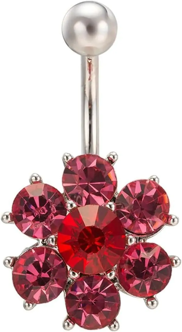 Belly Rings for Women, Navel Ring Sexy Stainless Steel Belly Ring Flower with Round Cubic Zirconia Colorful Belly Button Jewelry
