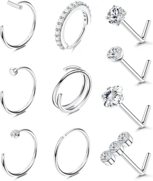 BESTEEL 14K Gold Filled Nose Ring Studs 20G Nose Rings Hoops Stud 316L Stainless Steel Nose Rings Round CZ Heart Simulated Diamond L Shaped Nose Stud Hypoallergenic Nostril Piercing Jewelry for Women Men 10Pcs