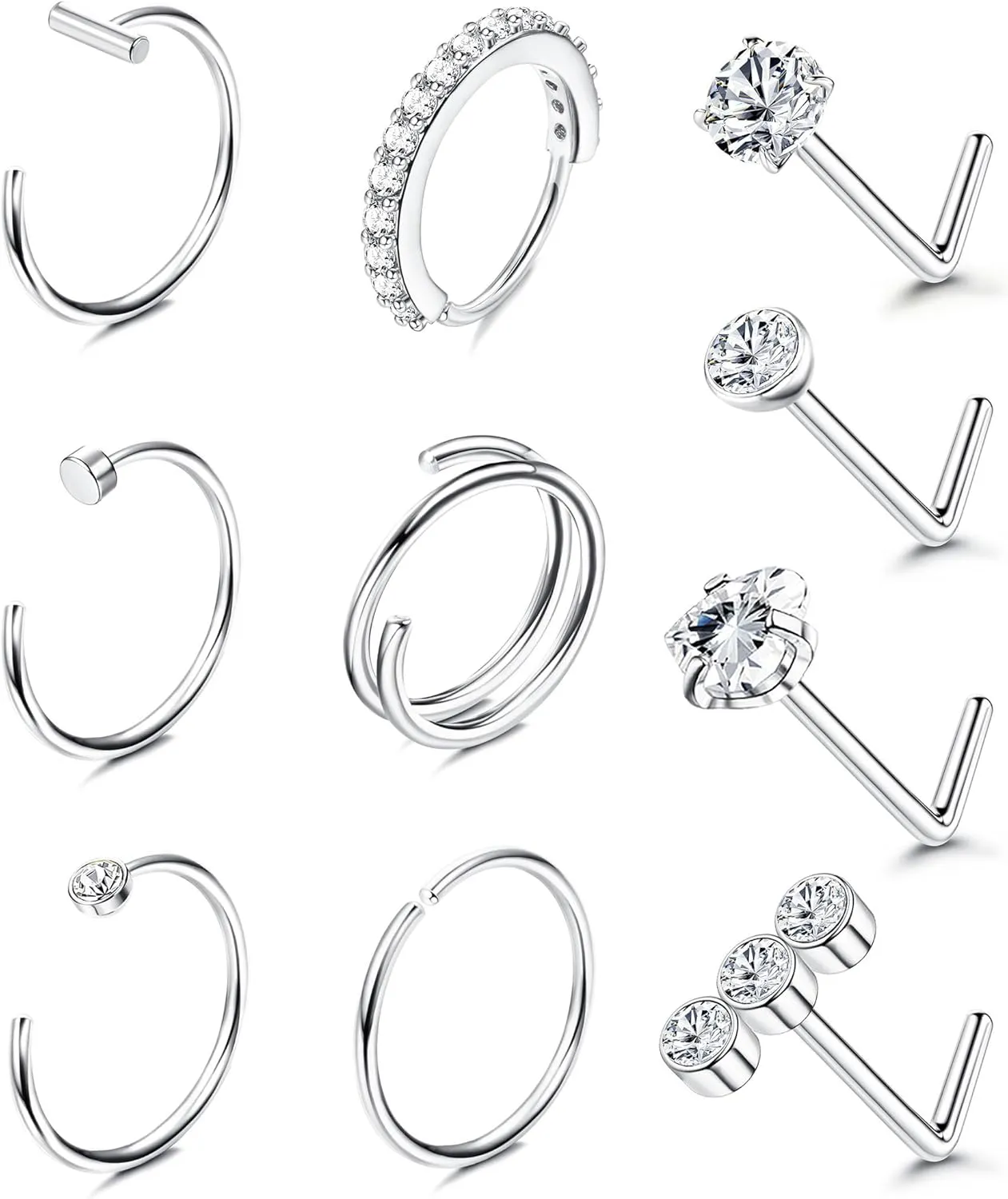 BESTEEL 14K Gold Filled Nose Ring Studs 20G Nose Rings Hoops Stud 316L Stainless Steel Nose Rings Round CZ Heart Simulated Diamond L Shaped Nose Stud Hypoallergenic Nostril Piercing Jewelry for Women Men 10Pcs
