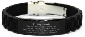 Bestie Bracelet for Her - Engraved Glidelock Clasp - Thank You for Being the Best - Friendship Gift for Birthday, Holidays, Christmas - Unique Thank You Jewelry for Bestie, Small, black