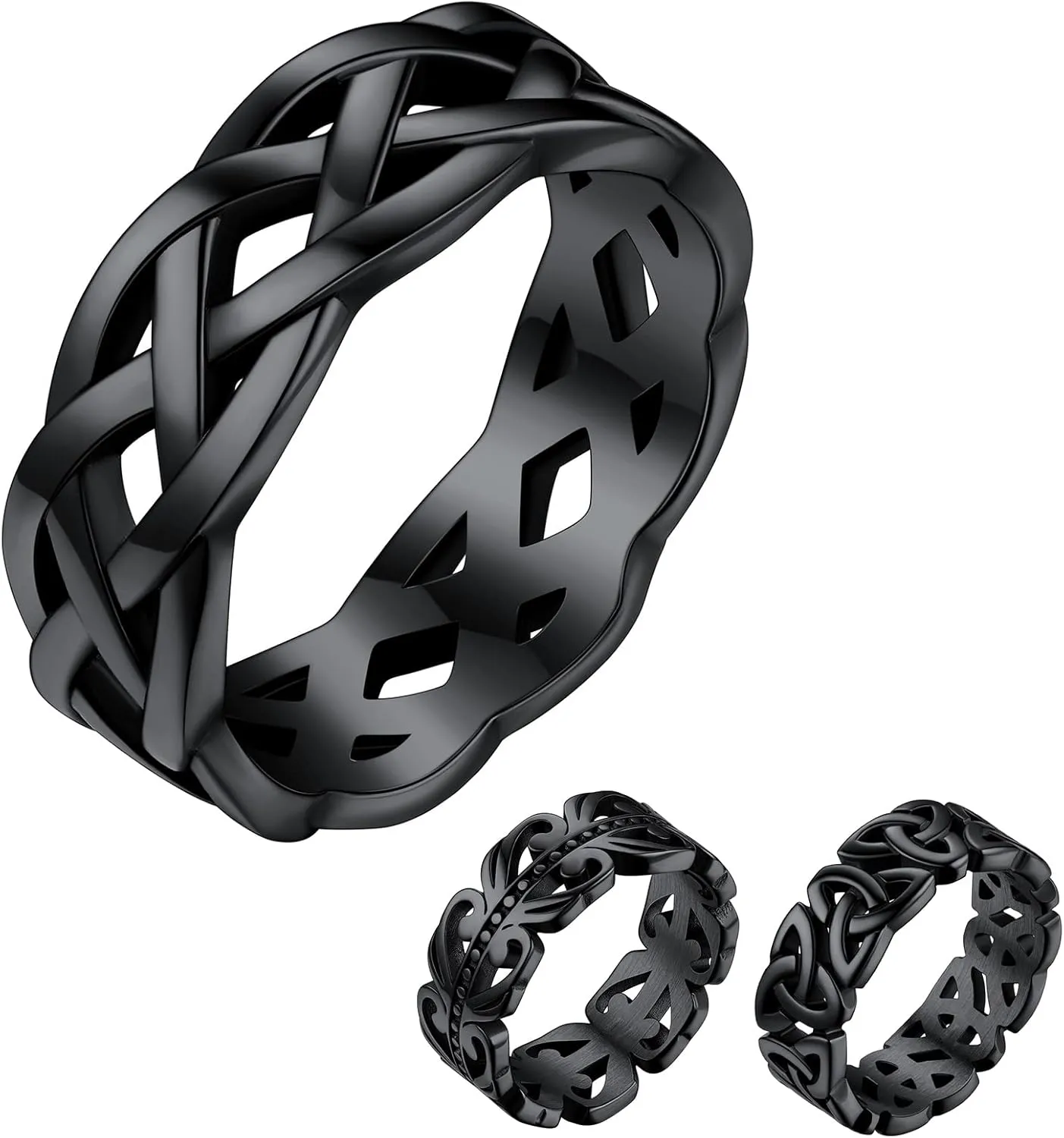 Bestyle Celtic Rings in Three Classic Style, Solid Stainless Steel Band Ring in Gold/Silver/Black Tone, Simple Celtic Knot Eternity Finger Ring for Friendnship Wedding Engagement Promise