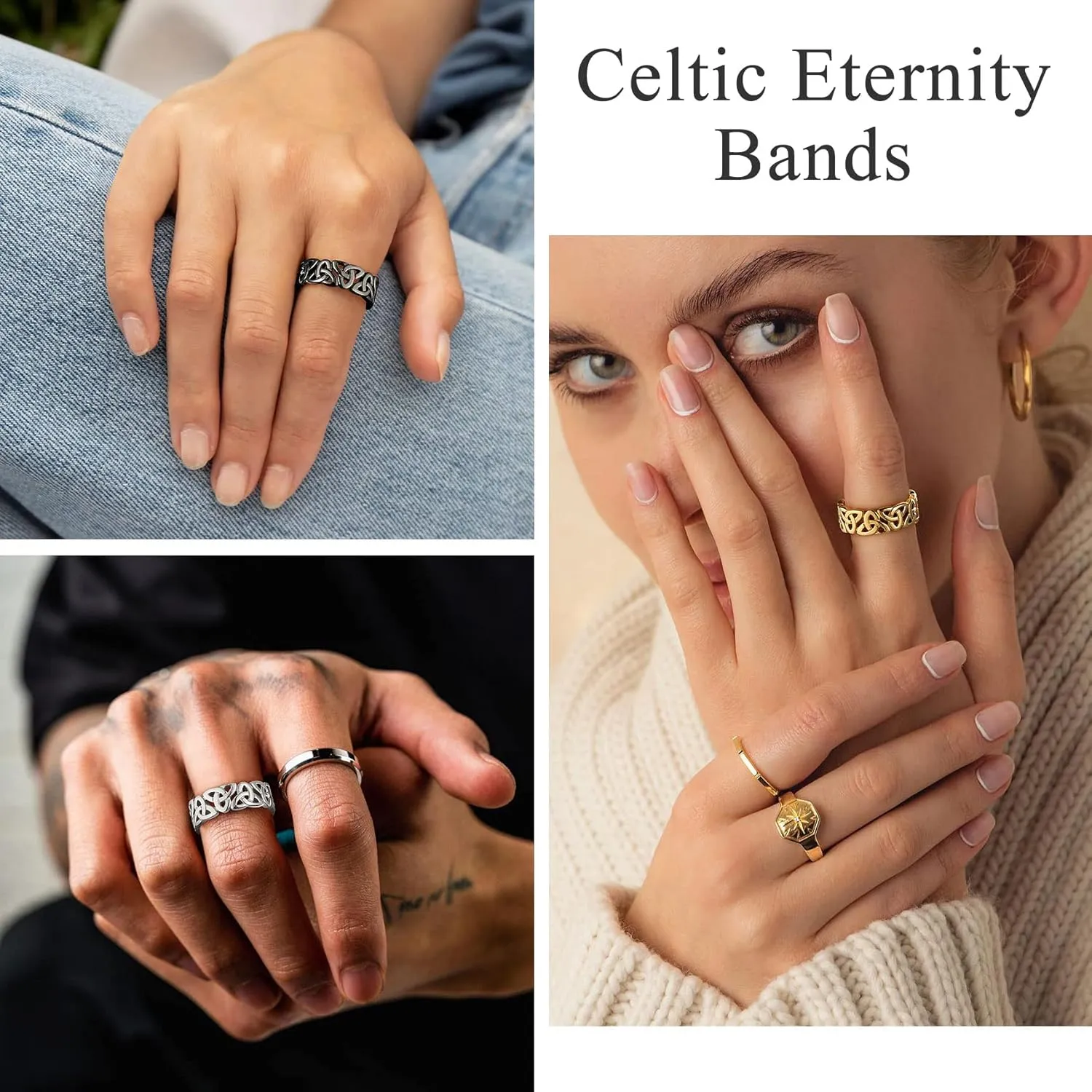 Bestyle Celtic Rings in Three Classic Style, Solid Stainless Steel Band Ring in Gold/Silver/Black Tone, Simple Celtic Knot Eternity Finger Ring for Friendnship Wedding Engagement Promise