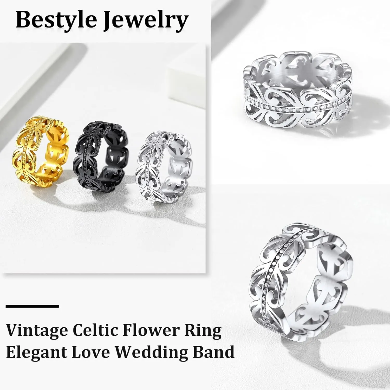 Bestyle Celtic Rings in Three Classic Style, Solid Stainless Steel Band Ring in Gold/Silver/Black Tone, Simple Celtic Knot Eternity Finger Ring for Friendnship Wedding Engagement Promise