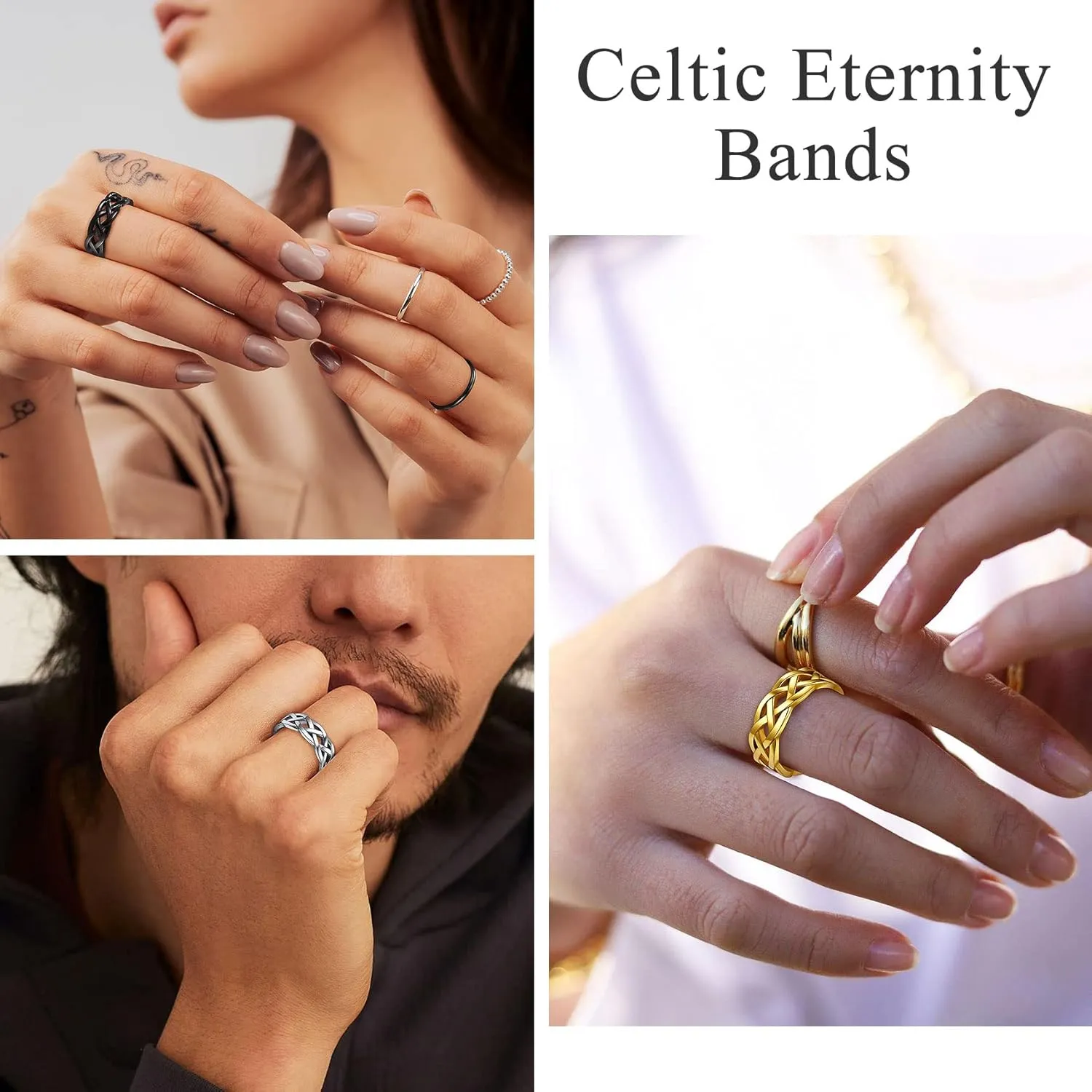 Bestyle Celtic Rings in Three Classic Style, Solid Stainless Steel Band Ring in Gold/Silver/Black Tone, Simple Celtic Knot Eternity Finger Ring for Friendnship Wedding Engagement Promise