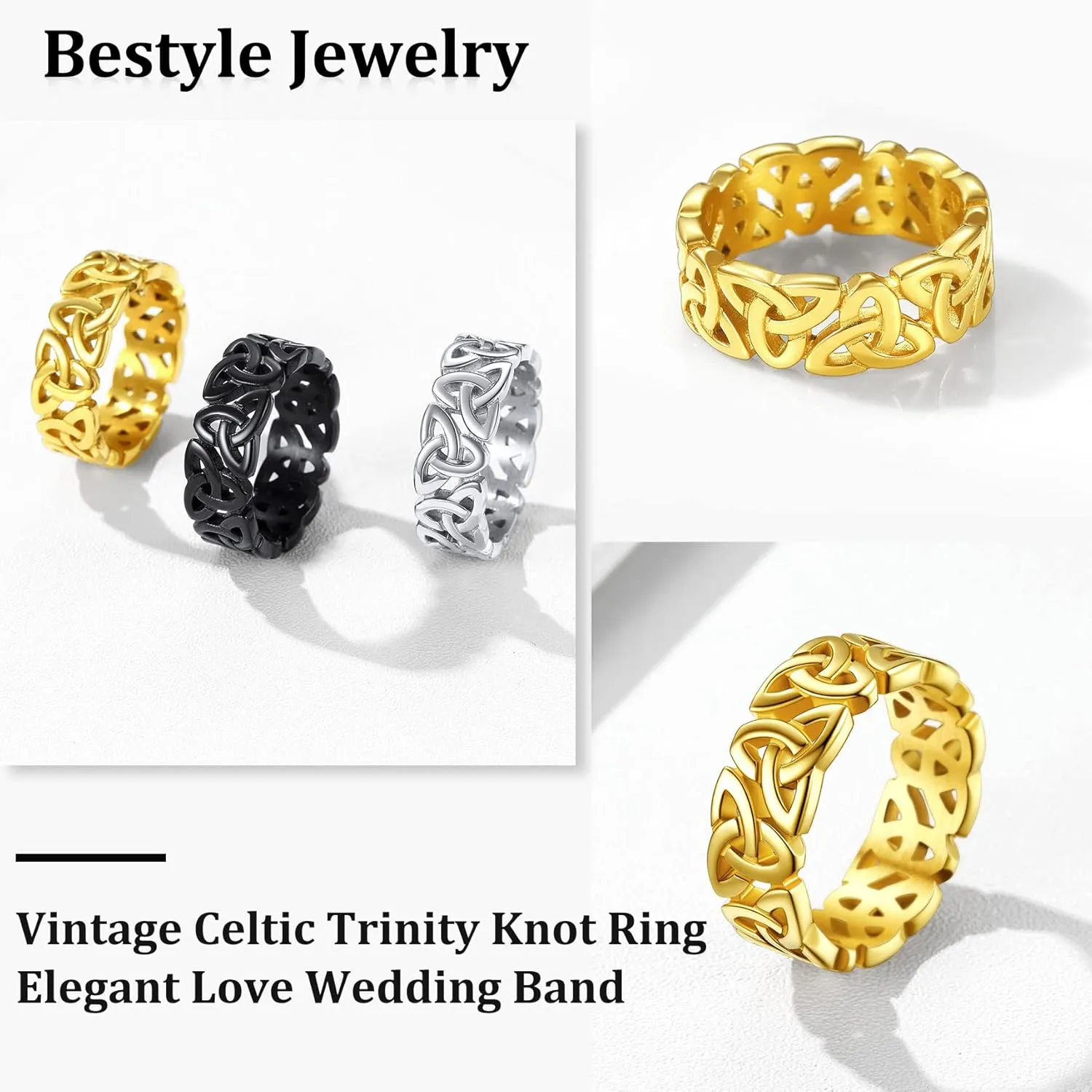 Bestyle Celtic Rings in Three Classic Style, Solid Stainless Steel Band Ring in Gold/Silver/Black Tone, Simple Celtic Knot Eternity Finger Ring for Friendnship Wedding Engagement Promise