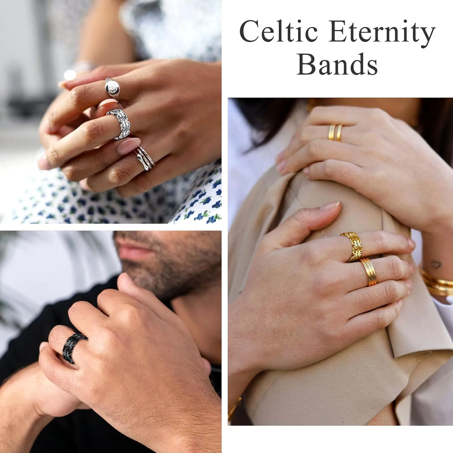 Bestyle Celtic Rings in Three Classic Style, Solid Stainless Steel Band Ring in Gold/Silver/Black Tone, Simple Celtic Knot Eternity Finger Ring for Friendnship Wedding Engagement Promise