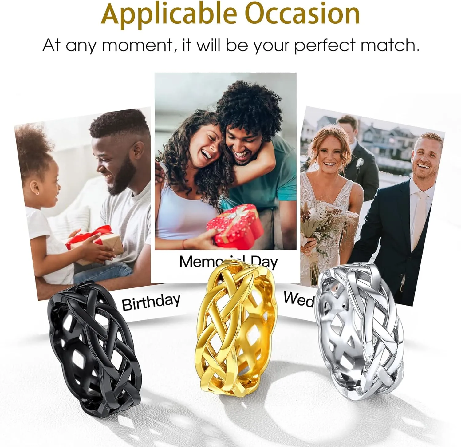 Bestyle Celtic Rings in Three Classic Style, Solid Stainless Steel Band Ring in Gold/Silver/Black Tone, Simple Celtic Knot Eternity Finger Ring for Friendnship Wedding Engagement Promise
