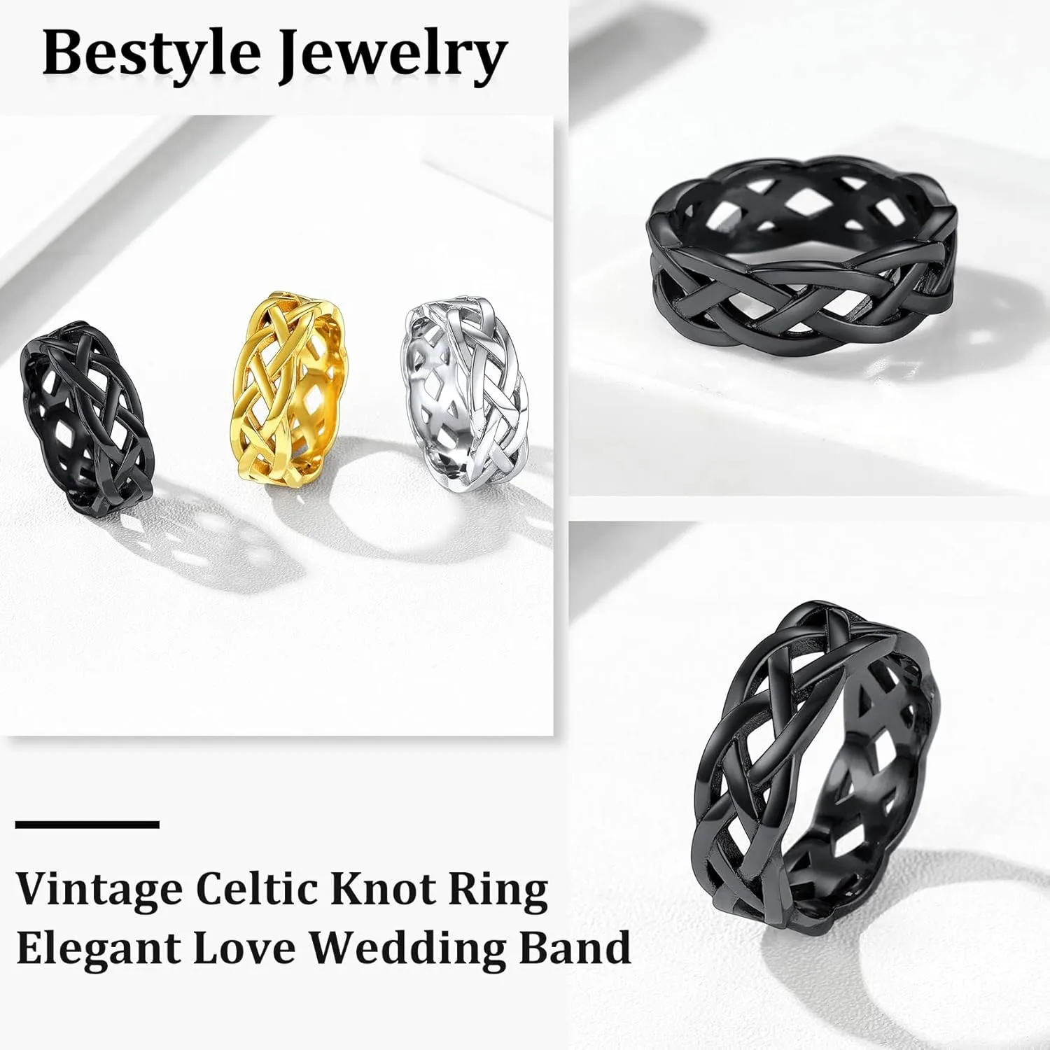 Bestyle Celtic Rings in Three Classic Style, Solid Stainless Steel Band Ring in Gold/Silver/Black Tone, Simple Celtic Knot Eternity Finger Ring for Friendnship Wedding Engagement Promise