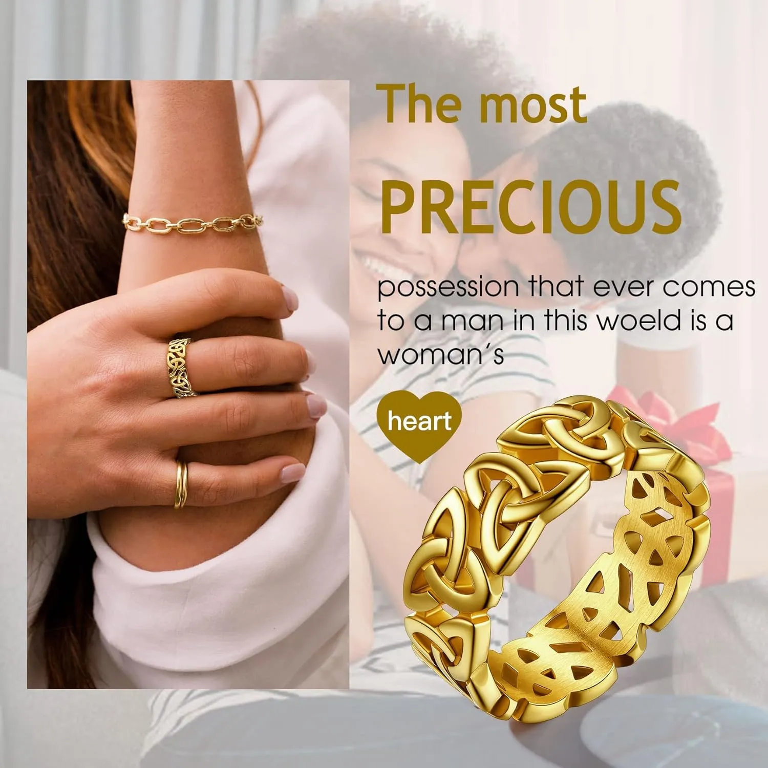 Bestyle Celtic Rings in Three Classic Style, Solid Stainless Steel Band Ring in Gold/Silver/Black Tone, Simple Celtic Knot Eternity Finger Ring for Friendnship Wedding Engagement Promise