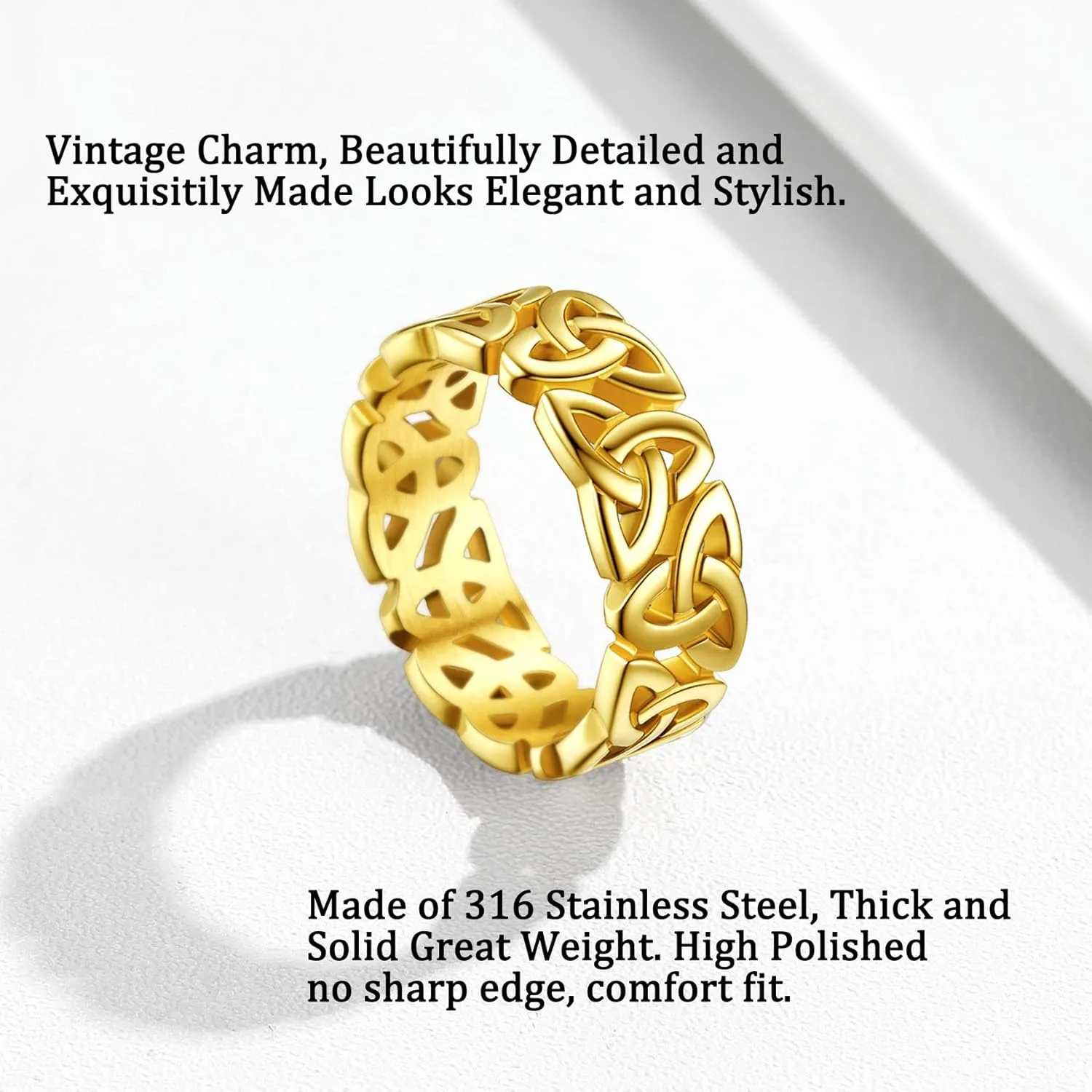 Bestyle Celtic Rings in Three Classic Style, Solid Stainless Steel Band Ring in Gold/Silver/Black Tone, Simple Celtic Knot Eternity Finger Ring for Friendnship Wedding Engagement Promise