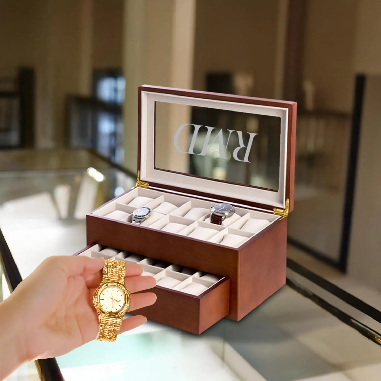 Bey-Berk Custom Personalized 1-48 Slot Watch Box Organizer Solid Wood with Glass Display Top