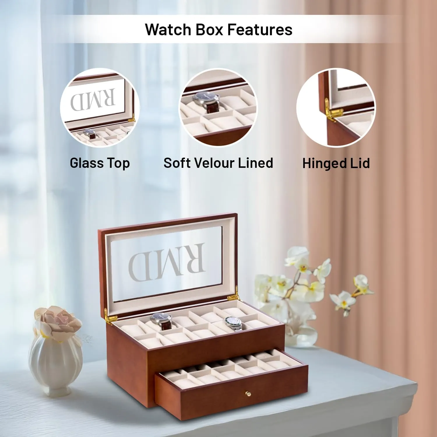 Bey-Berk Custom Personalized 1-48 Slot Watch Box Organizer Solid Wood with Glass Display Top