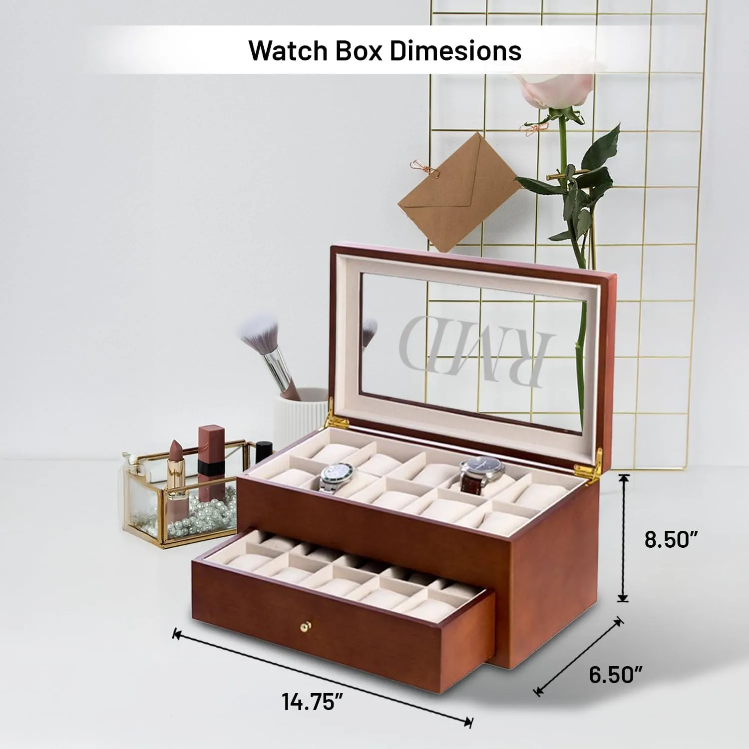 Bey-Berk Custom Personalized 1-48 Slot Watch Box Organizer Solid Wood with Glass Display Top