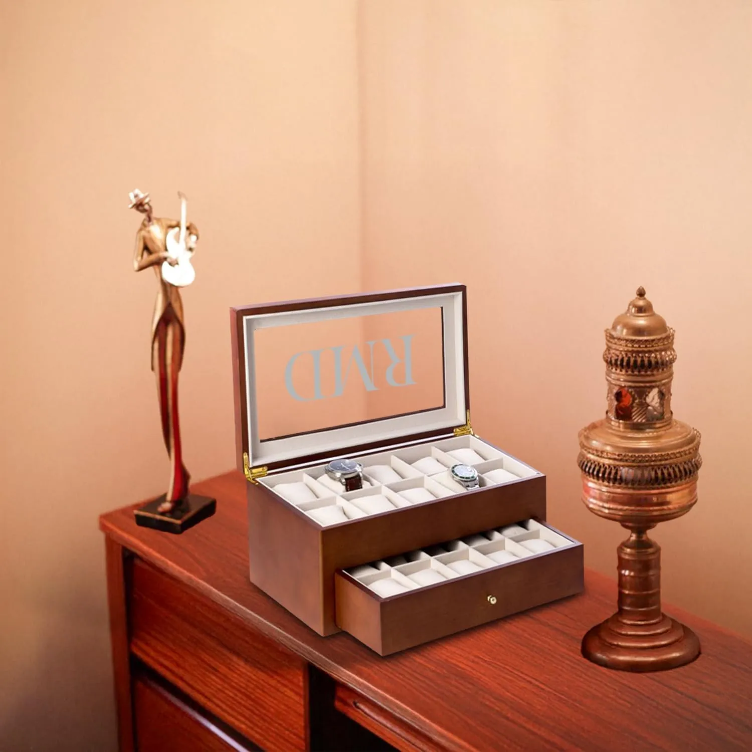 Bey-Berk Custom Personalized 1-48 Slot Watch Box Organizer Solid Wood with Glass Display Top