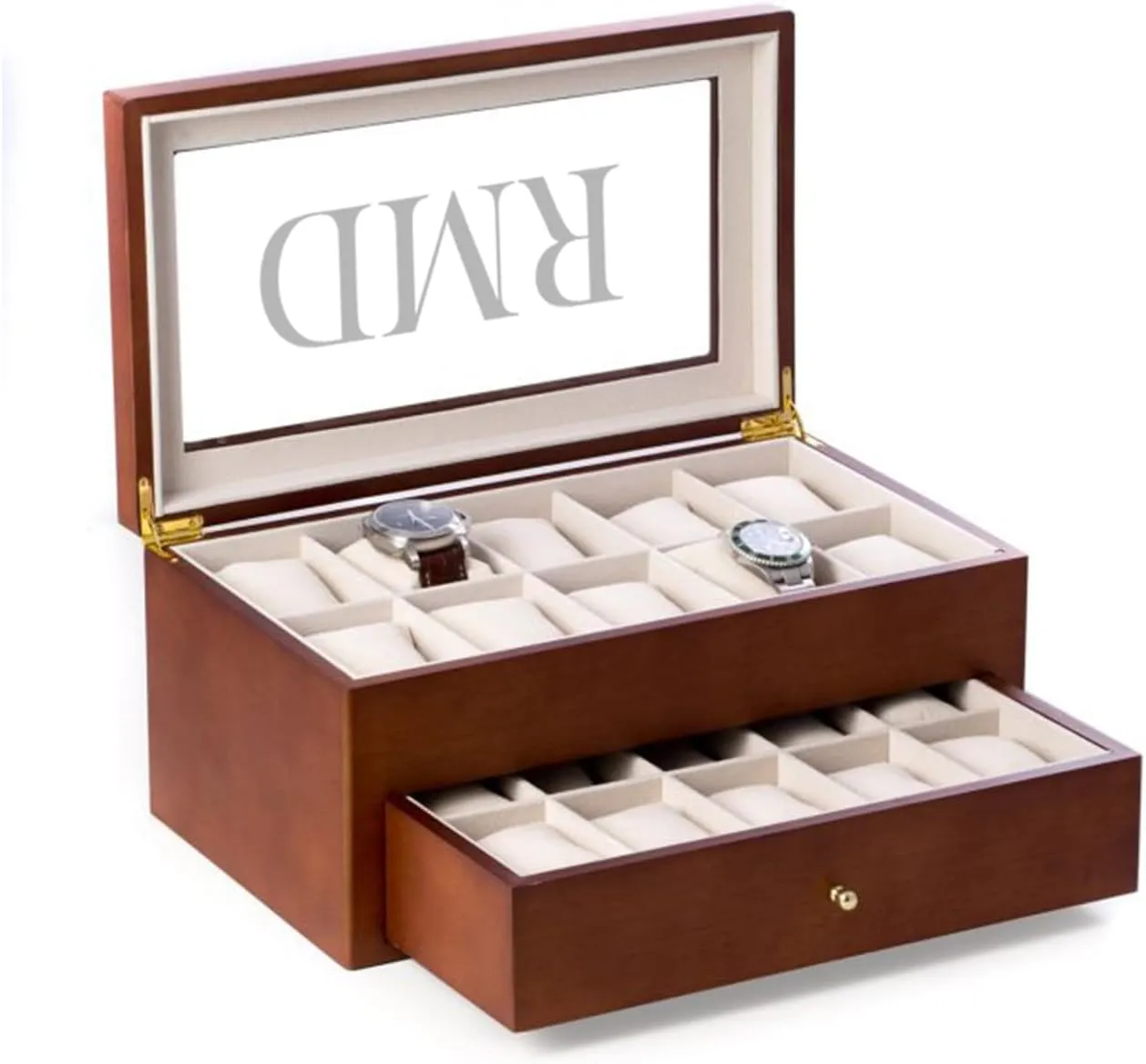 Bey-Berk Custom Personalized 1-48 Slot Watch Box Organizer Solid Wood with Glass Display Top