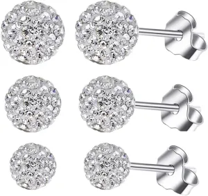BG&WLing 3 Pieces Crystal Ball Stud Earrings Set for Women, 3 Different Size Sparkle Disco Ball Earring Studs