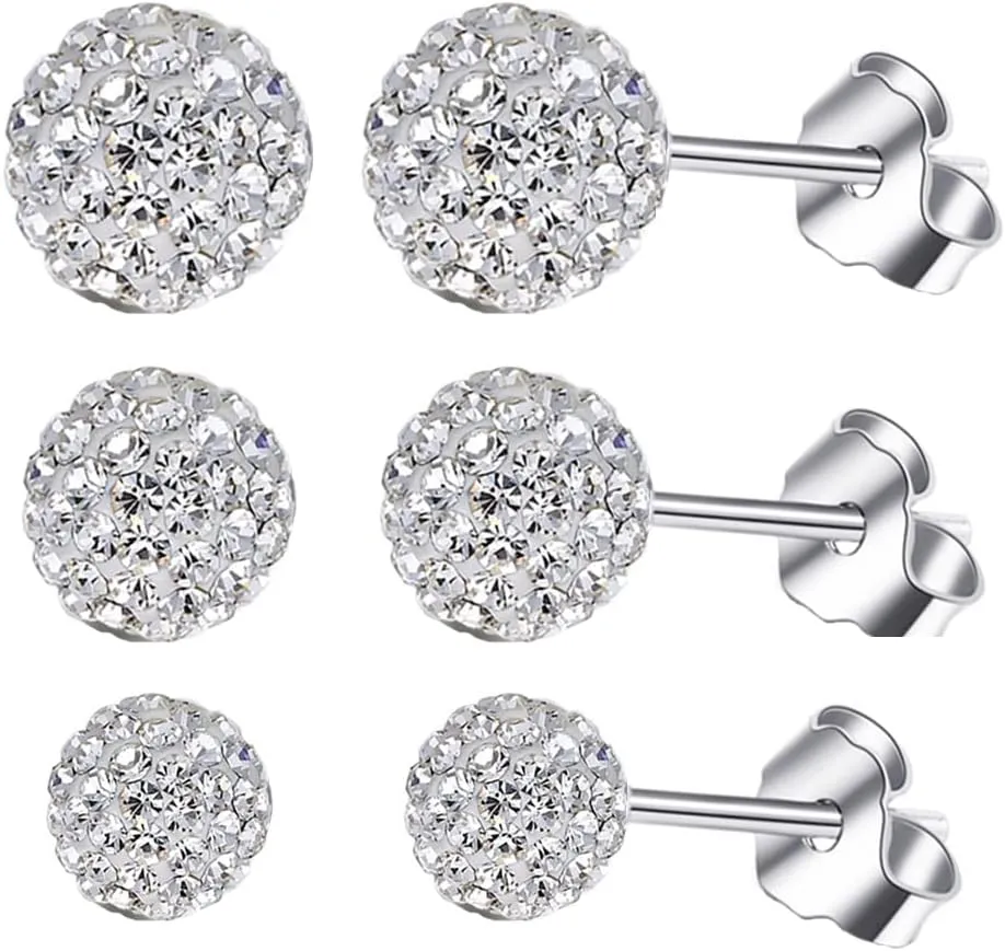 BG&WLing 3 Pieces Crystal Ball Stud Earrings Set for Women, 3 Different Size Sparkle Disco Ball Earring Studs