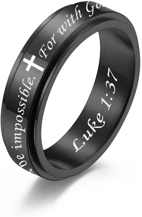 Bible Christian Spinner Inspirational Rings Stainless Steel Black Simple Classic Cross Rings End to End Wedding Band Comfortable Fit Religious Gifts for Men Women, Size 5 to 12