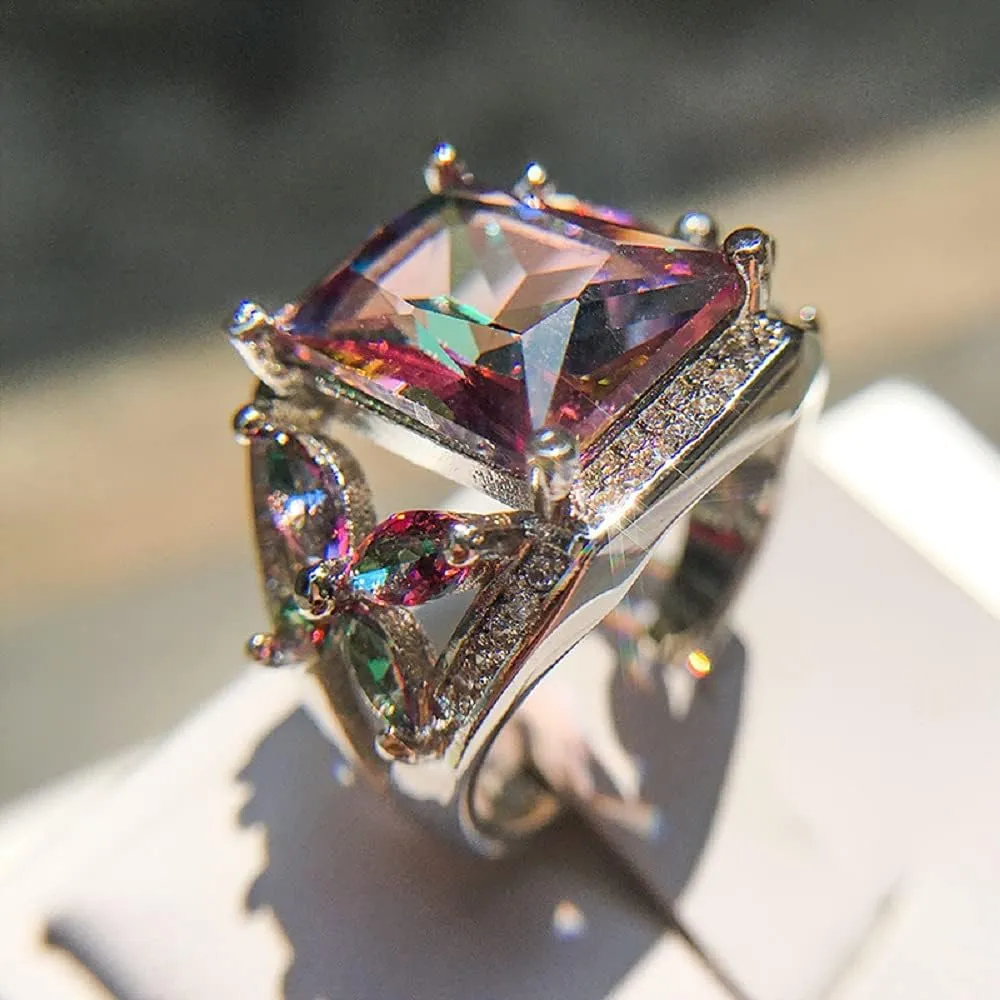 Bicheng Colorful Topaz Square Imitation Diamond Ring Female Creative Personality Inlaid Rainbow Wedding Engagement Ring (6)