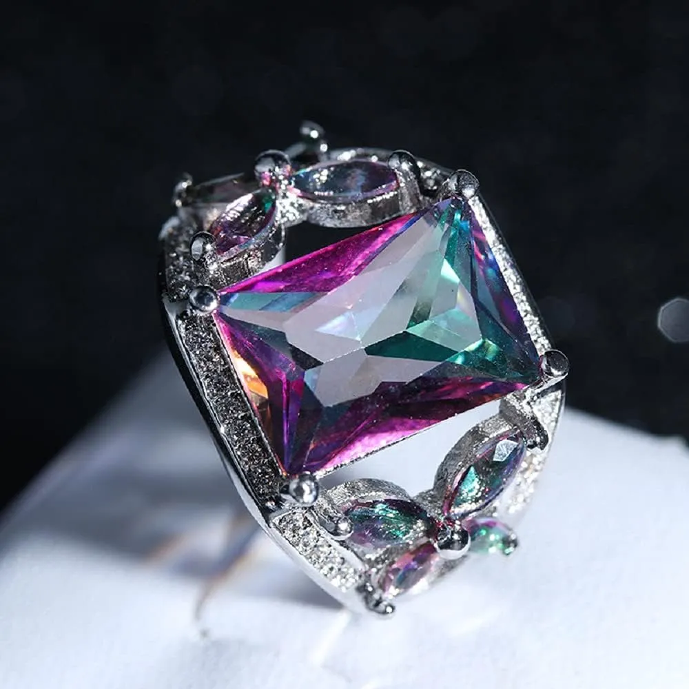 Bicheng Colorful Topaz Square Imitation Diamond Ring Female Creative Personality Inlaid Rainbow Wedding Engagement Ring (6)
