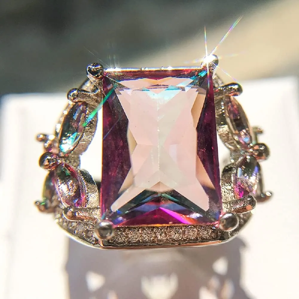 Bicheng Colorful Topaz Square Imitation Diamond Ring Female Creative Personality Inlaid Rainbow Wedding Engagement Ring (6)