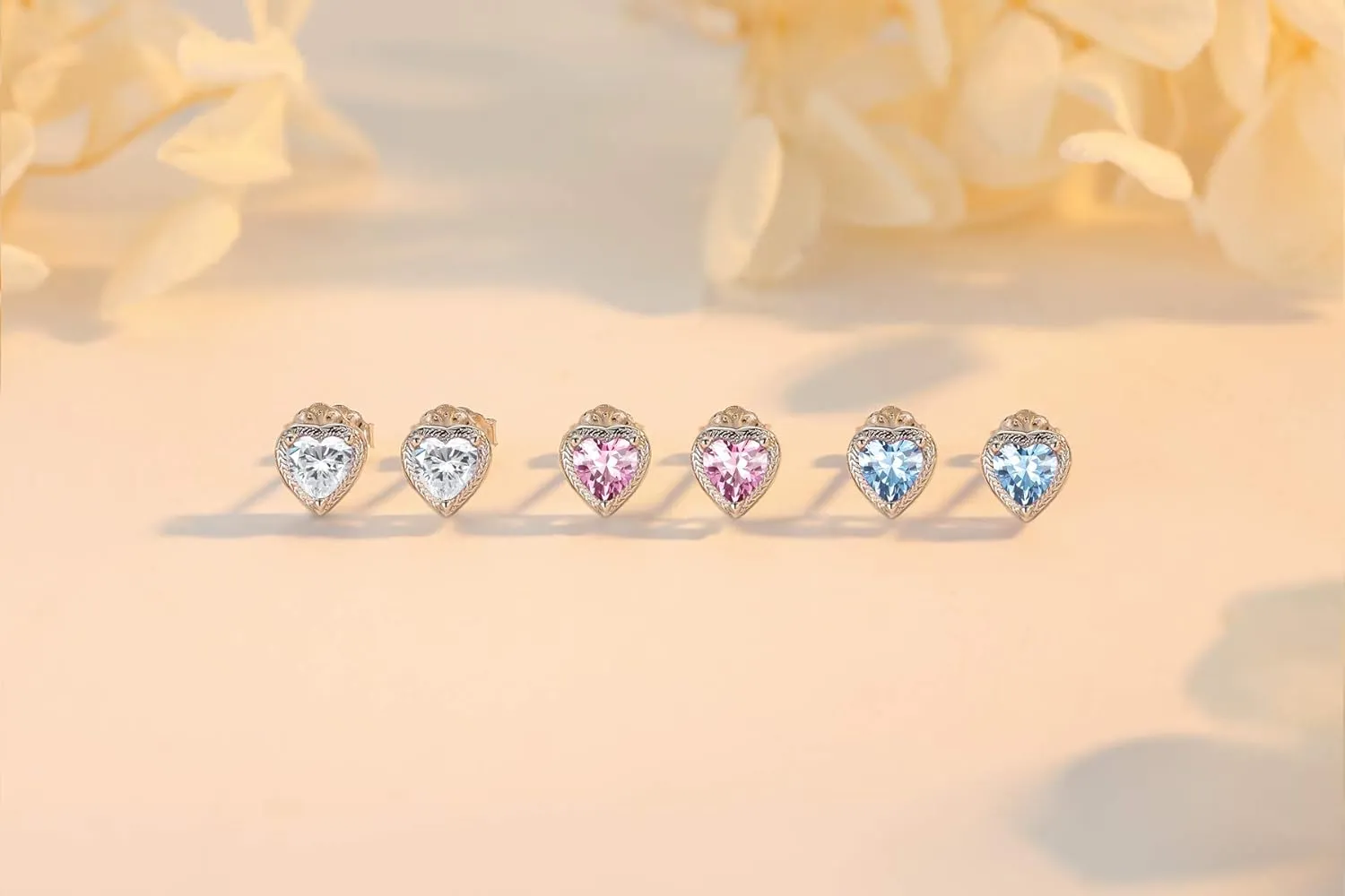 Birthstone Earrings Heart Studs, 925 Sterling Silver Birthstone Studs Cubic Zirconias Earrings, 12 Months Women Jewellery Gift For Her Wife Mom Birthday Wedding Engagement Anniversary