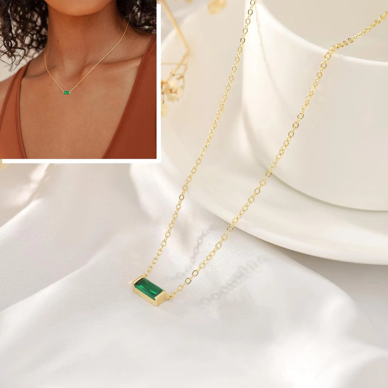Birthstone Necklace for Women Dainty Trendy 14K Gold Plated Emerald Couple Necklaces Simple Green Diamond Pendant Choker Blue Cute Cubic Zirconia Jewelry for Women Mothers Birthday Gifts