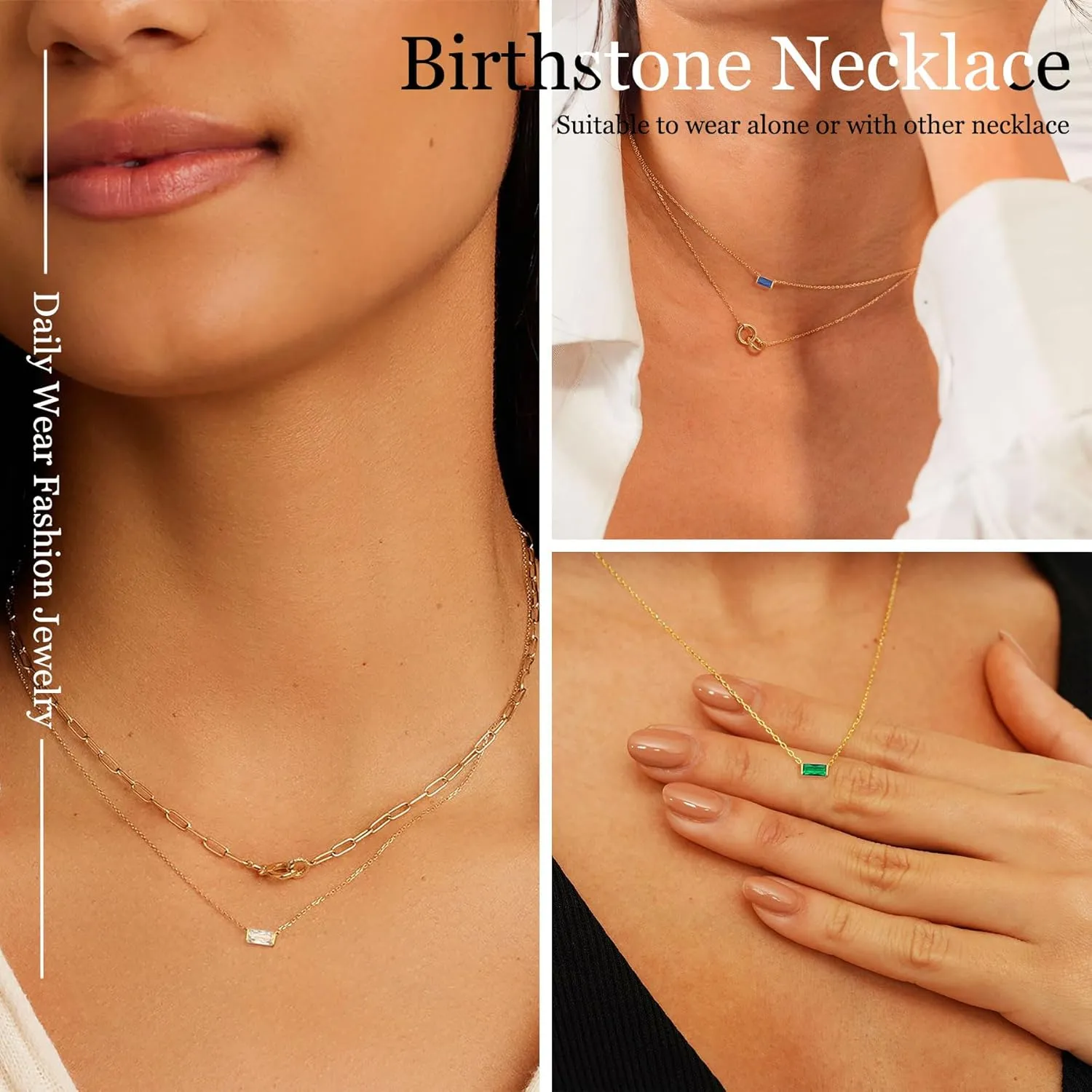 Birthstone Necklace for Women Dainty Trendy 14K Gold Plated Emerald Couple Necklaces Simple Green Diamond Pendant Choker Blue Cute Cubic Zirconia Jewelry for Women Mothers Birthday Gifts