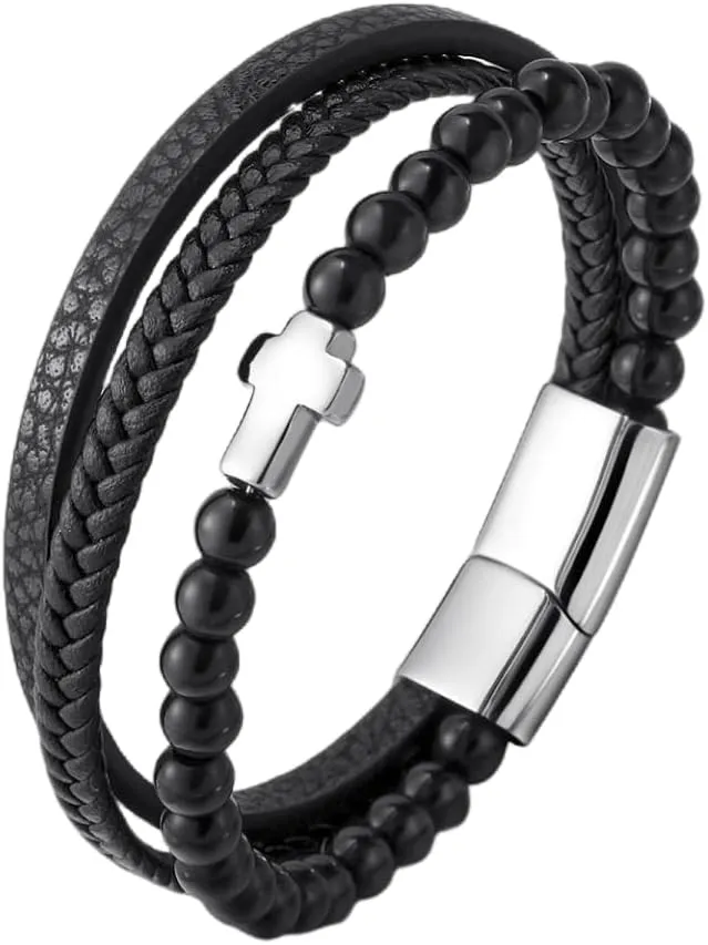 Black Braided Leather Bangle Bracelet for Men, Stainless Steel Cross Beads Chain