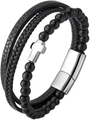 Black Braided Leather Bangle Bracelet for Men, Stainless Steel Cross Beads Chain