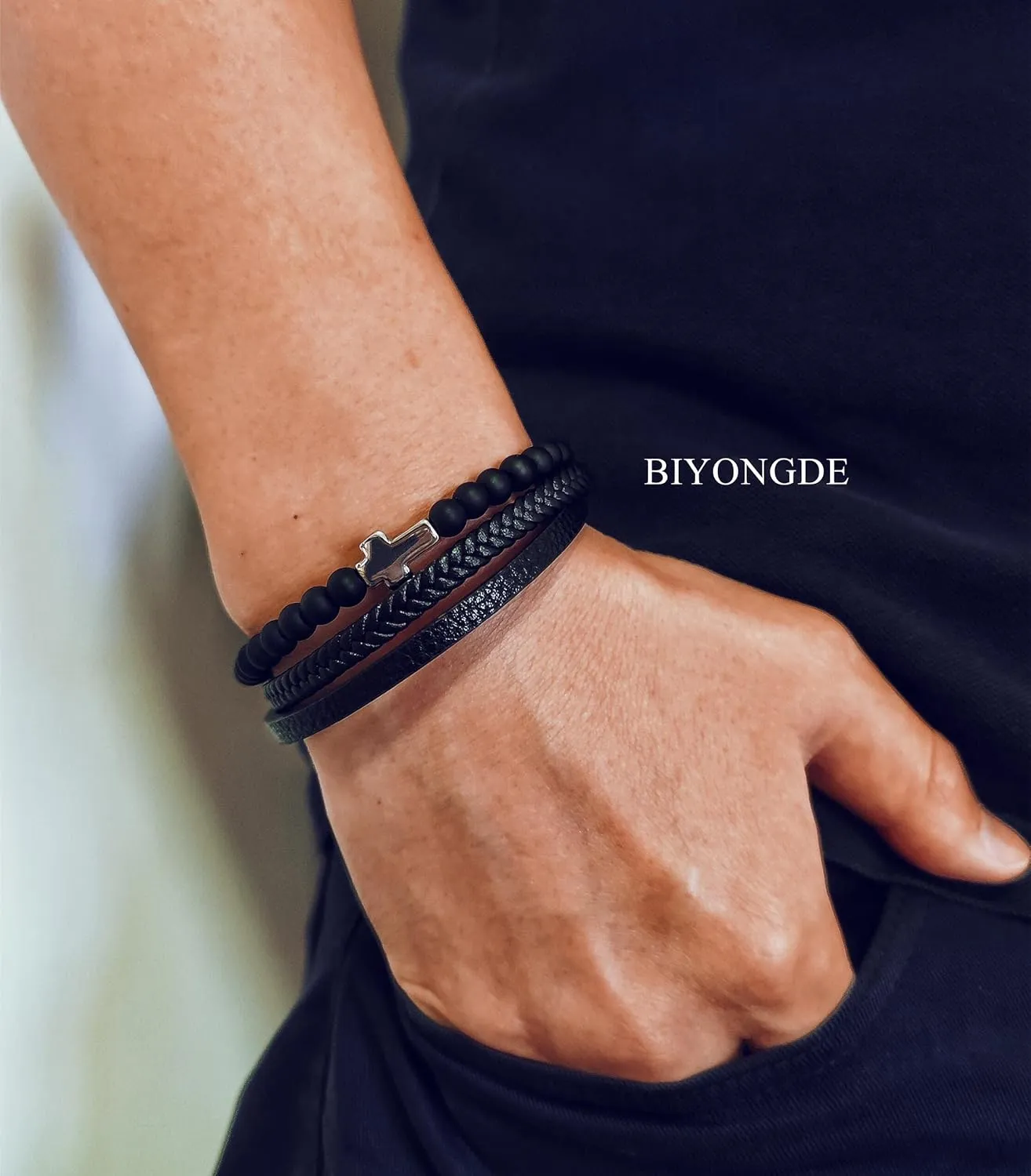 Black Braided Leather Bangle Bracelet for Men, Stainless Steel Cross Beads Chain