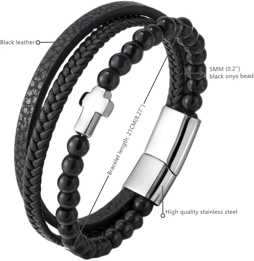 Black Braided Leather Bangle Bracelet for Men, Stainless Steel Cross Beads Chain