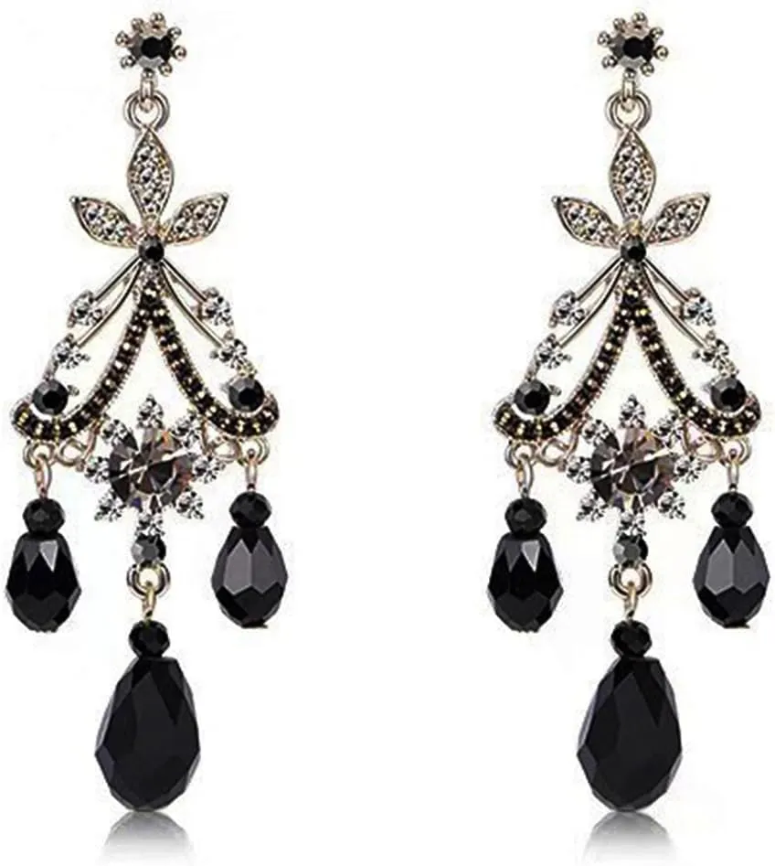Black Dangle Earrings Handmade Boho Drop Earrings for Women,Black Dangling Earrings Trendy Baroque Earrings Bohemian Earring Teardrop Chandelier Tassel