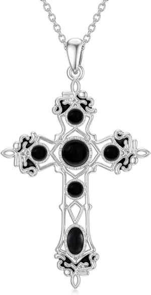 Black Onyx Cross Necklace for Women 925 Sterling Silver Real Black Agate Gemstone Retro Gothic Cross Pendant Religious Jewelry for Christmas Birthday