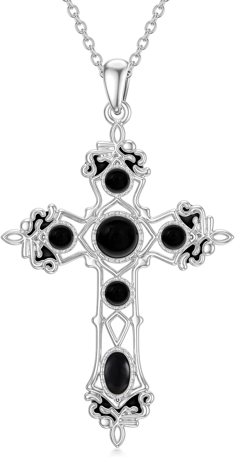 Black Onyx Cross Necklace for Women 925 Sterling Silver Real Black Agate Gemstone Retro Gothic Cross Pendant Religious Jewelry for Christmas Birthday