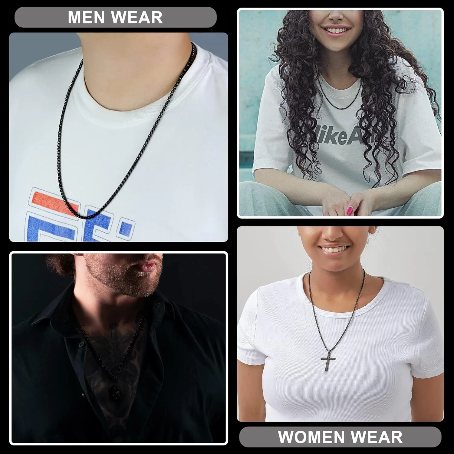 Black Square Rolo Chain Stainless Steel Round Box Chain Necklace Men Women