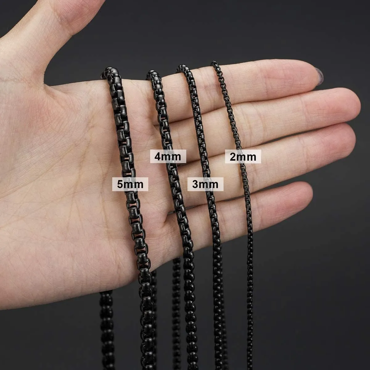 Black Square Rolo Chain Stainless Steel Round Box Chain Necklace Men Women