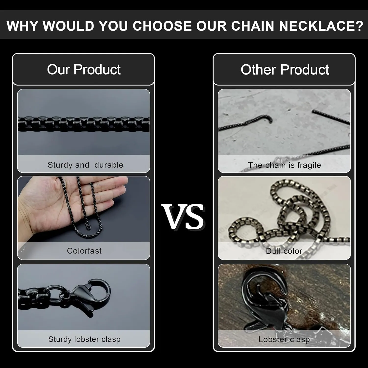 Black Square Rolo Chain Stainless Steel Round Box Chain Necklace Men Women